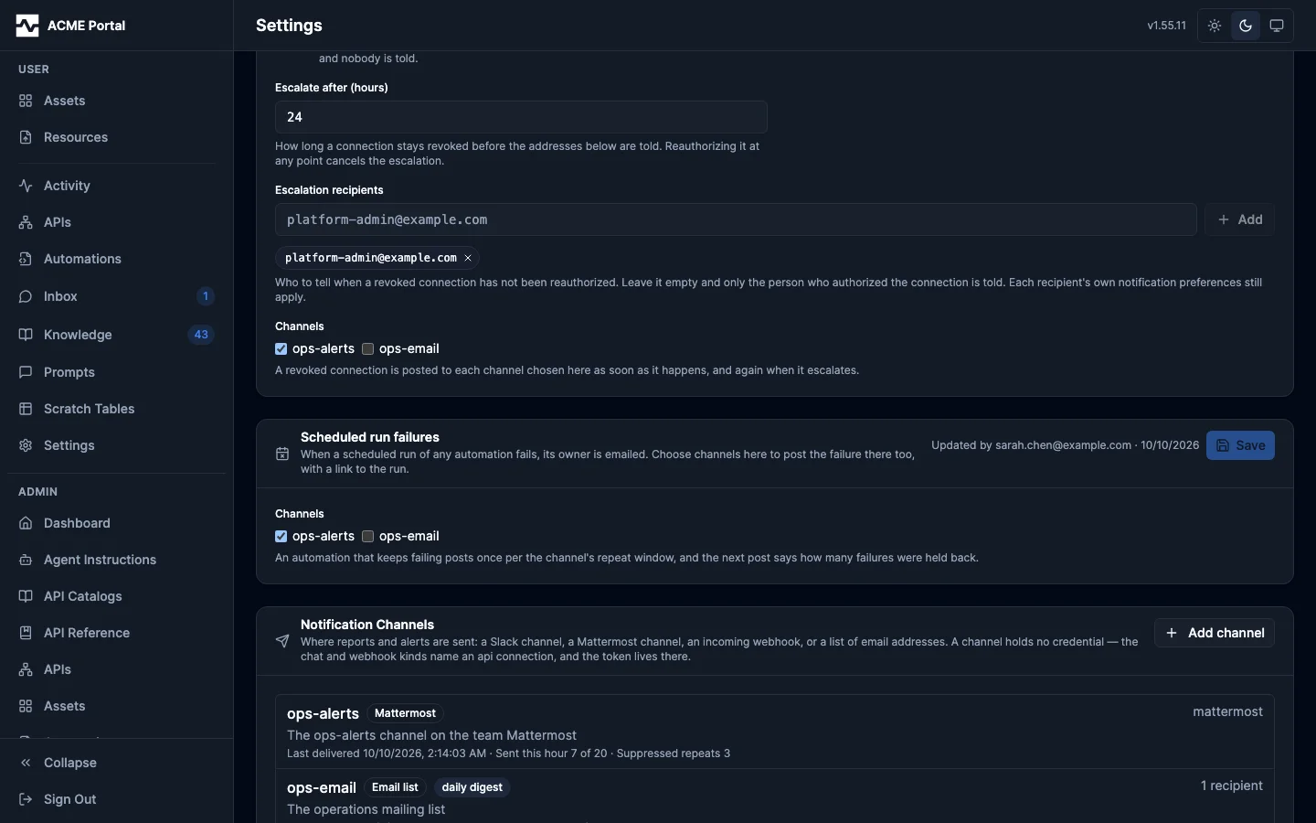 Admin Settings: the notification channels section