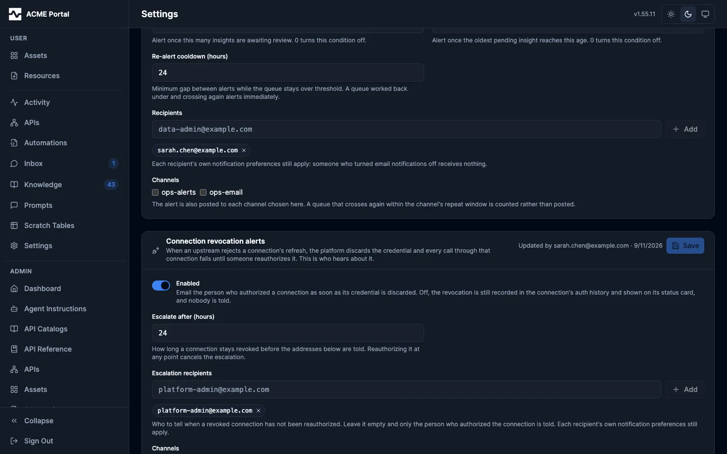 Admin Settings: the connection revocation alert card