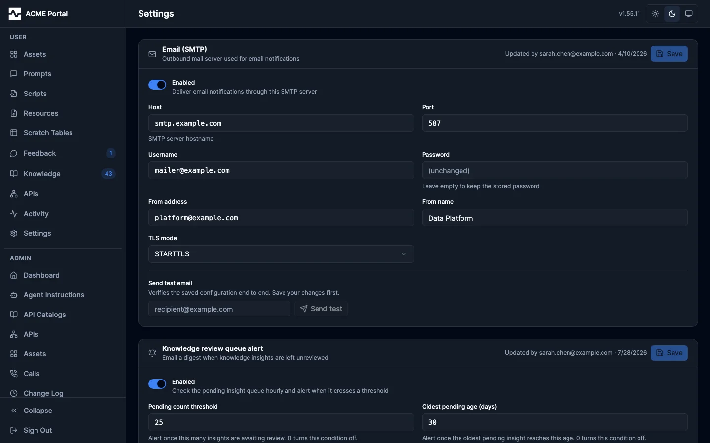 Admin Settings: the SMTP card and the review-queue alert card