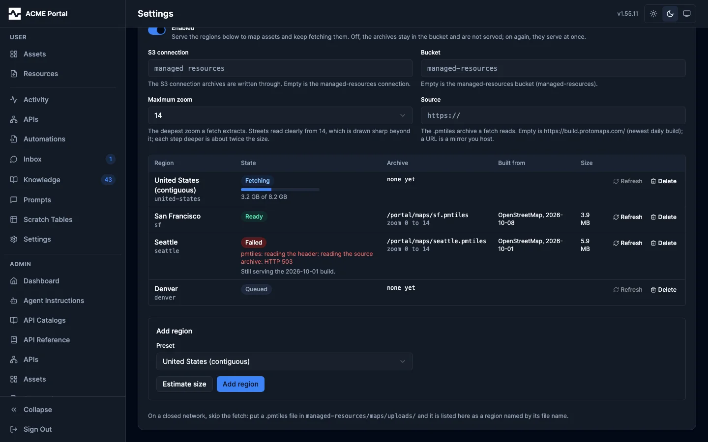 The Maps settings section