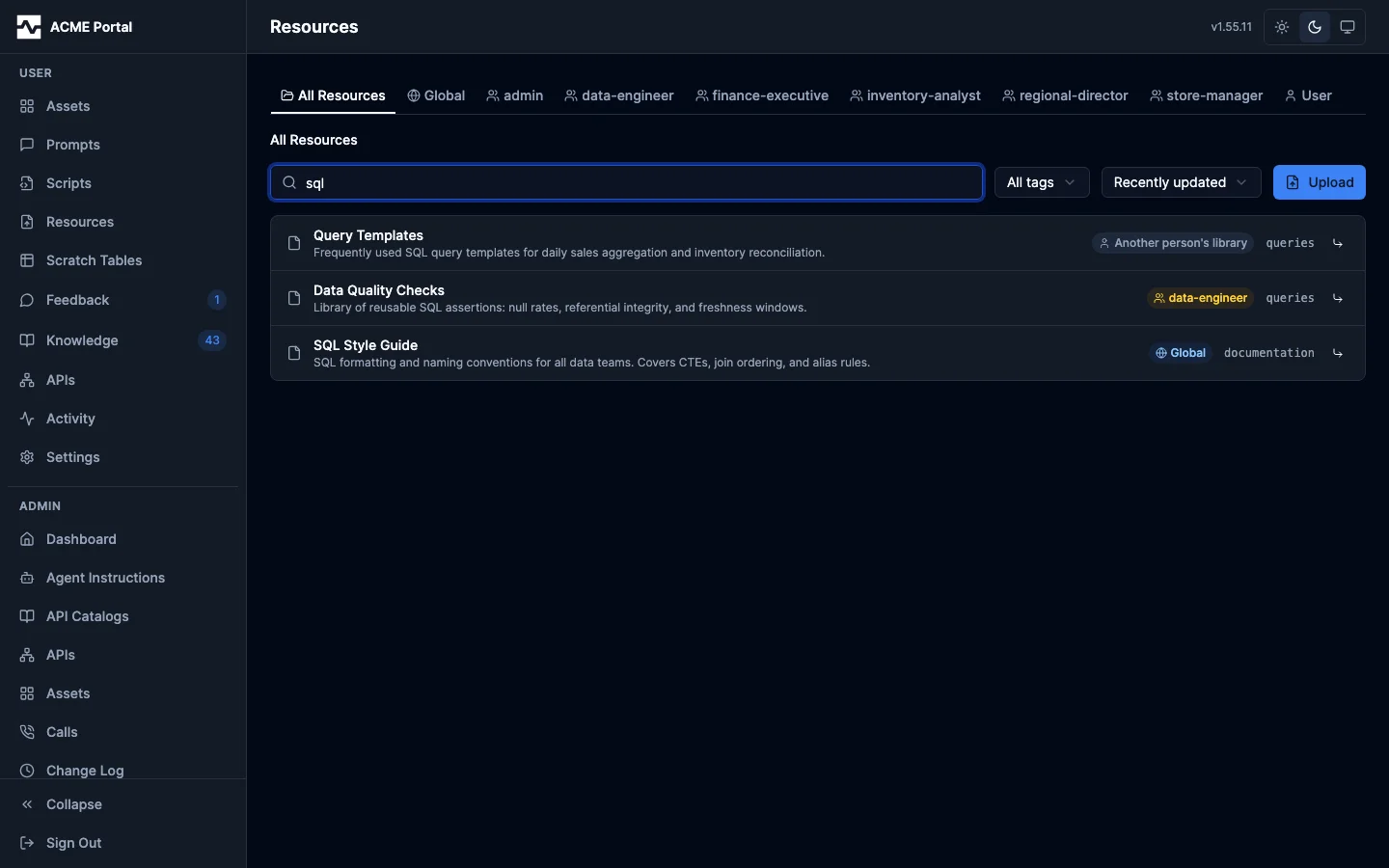 A library-wide search, each hit naming the folder it was found in