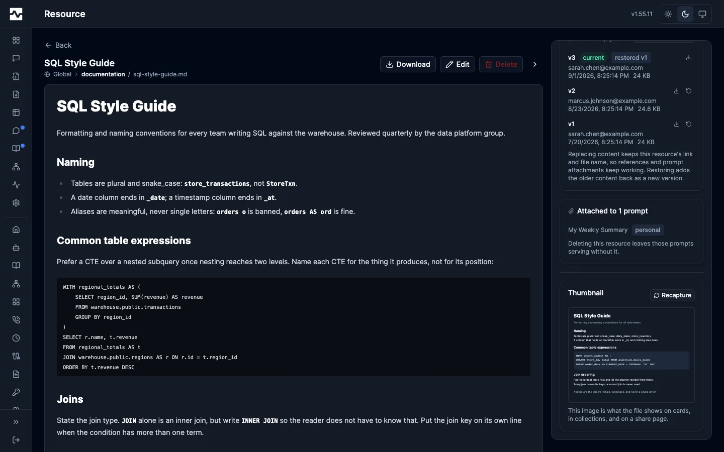The Thumbnail panel on a resource, with its Recapture control