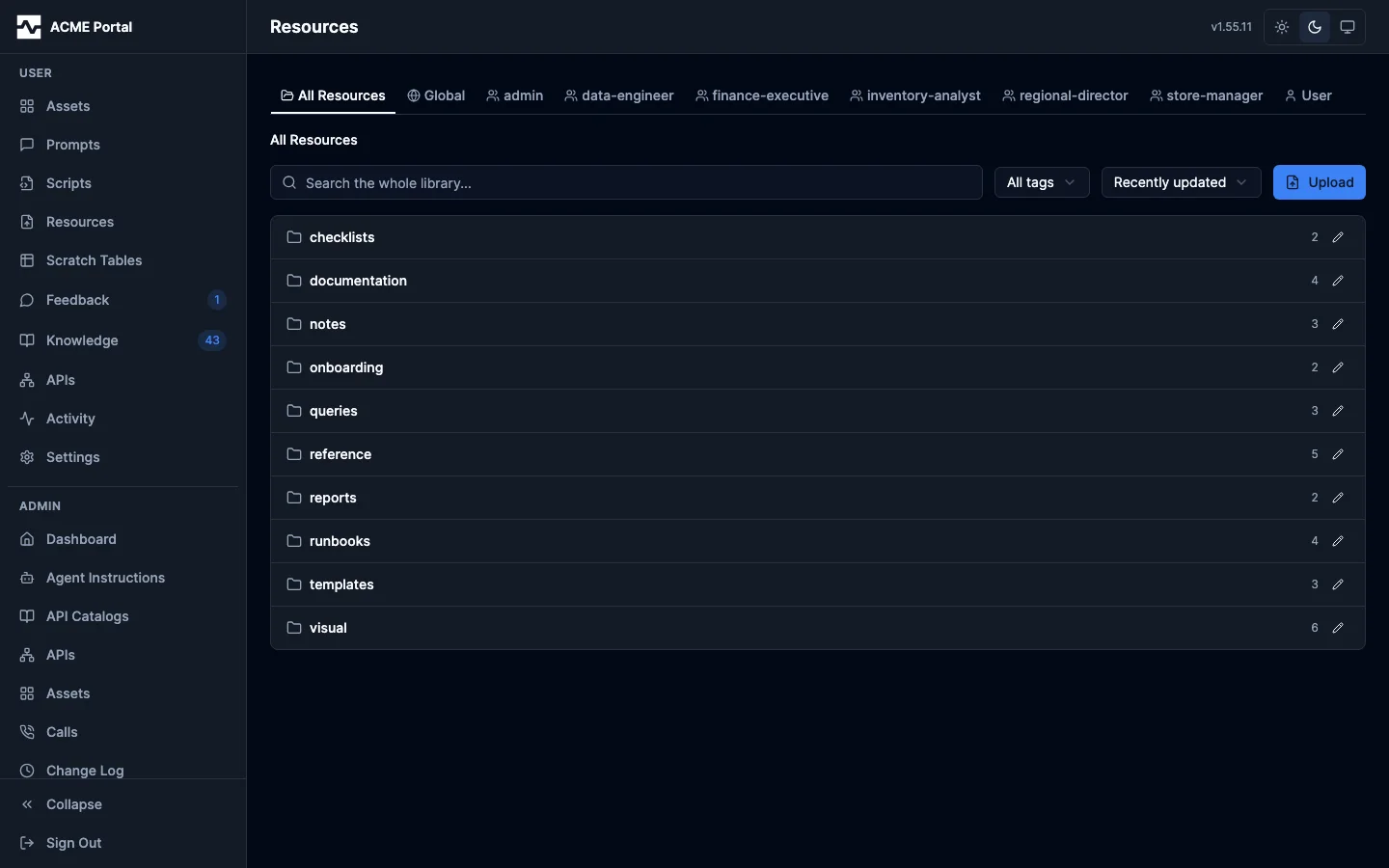 The resource library as a folder tree