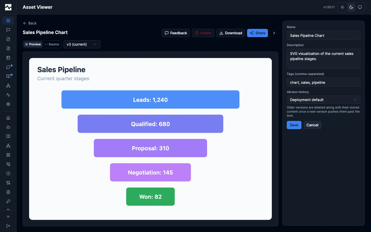 Asset metadata edit, with version retention left at the deployment default