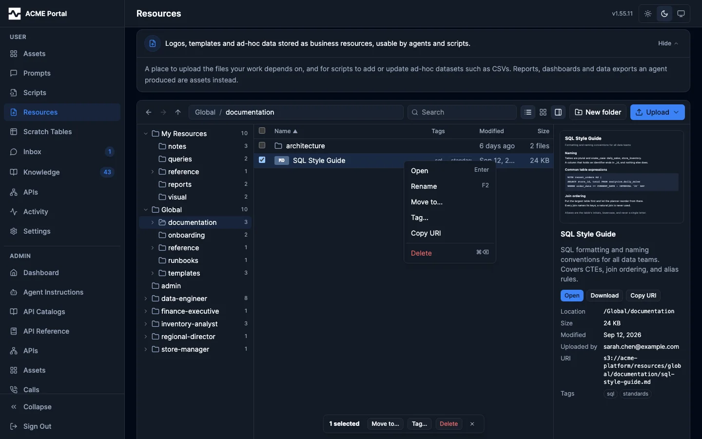The context menu on a row
