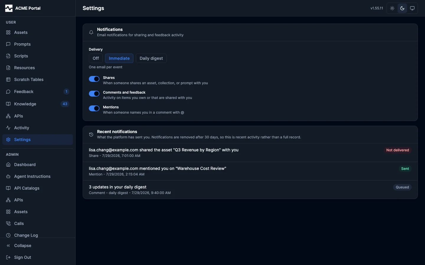 Settings: delivery mode, category toggles, and recent notifications