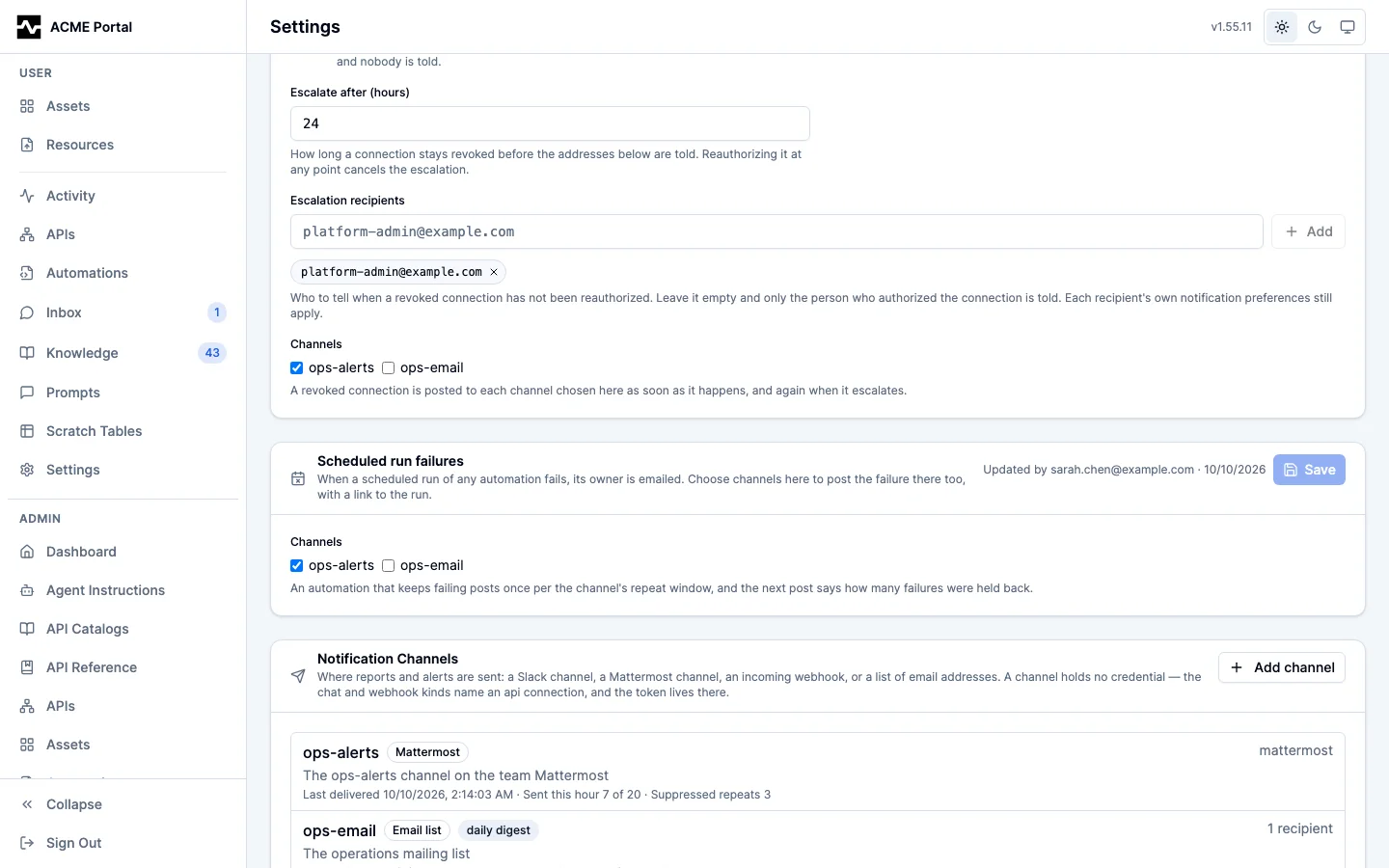 Admin Settings: the notification channels section