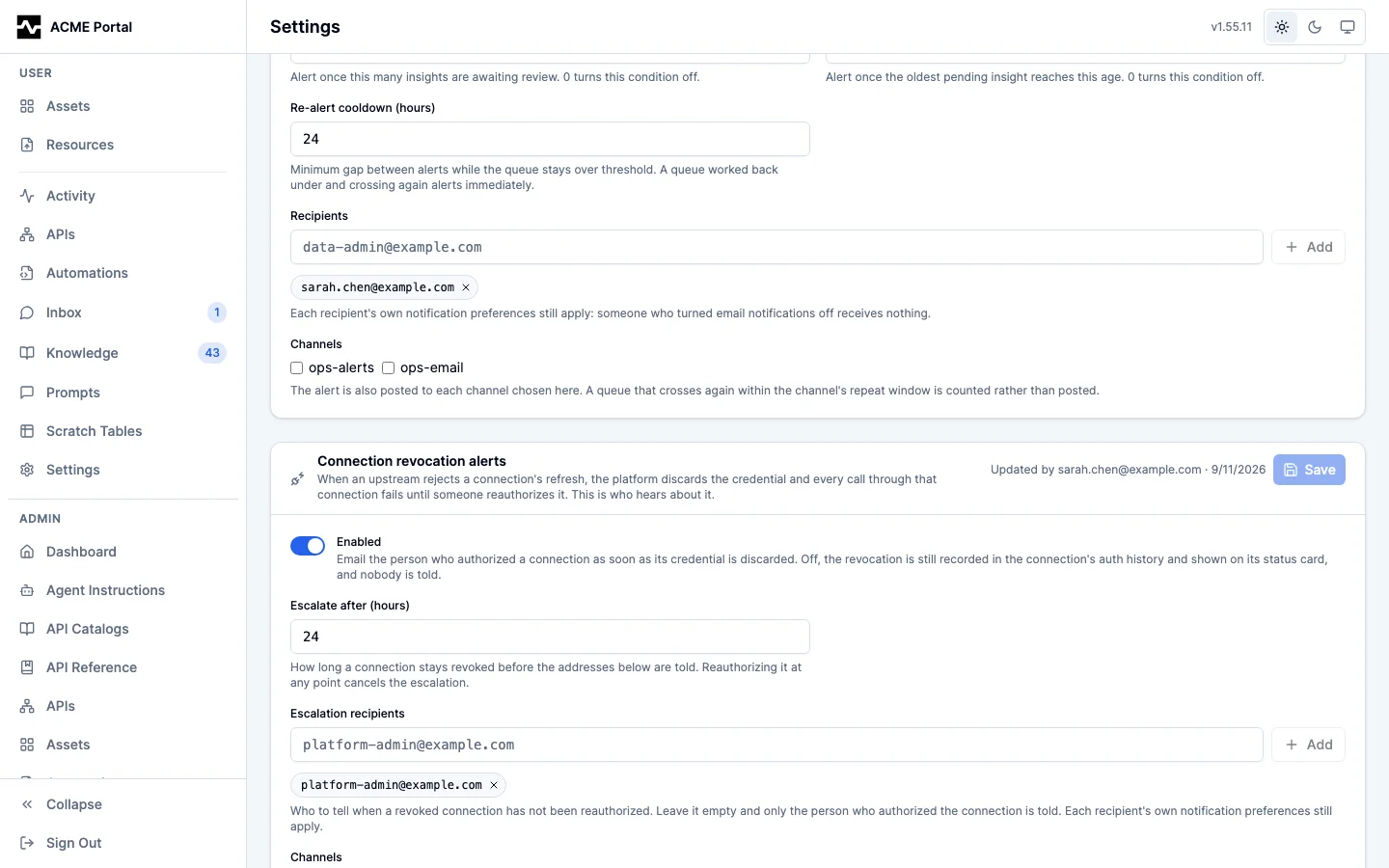 Admin Settings: the connection revocation alert card