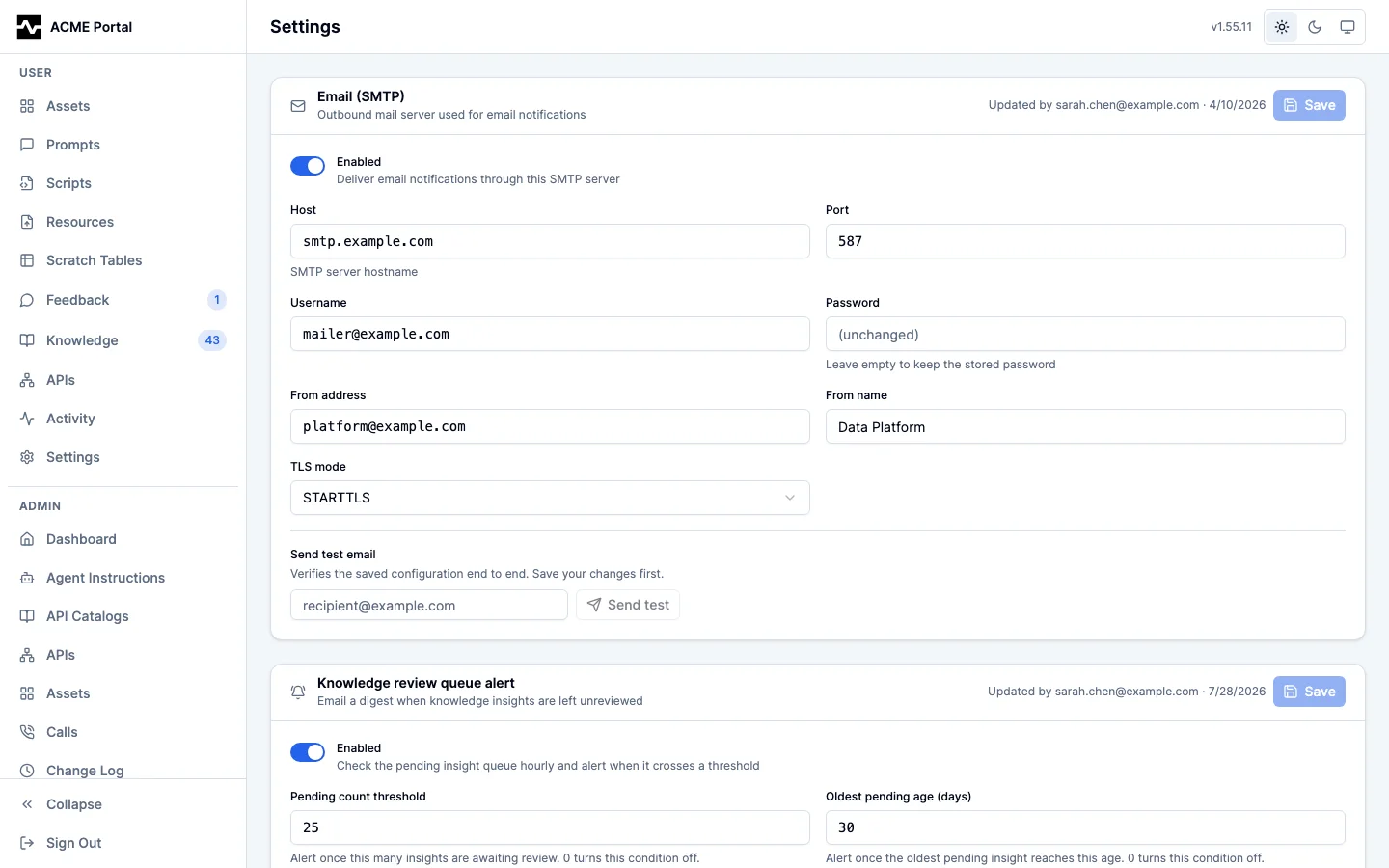 Admin Settings: the SMTP card and the review-queue alert card
