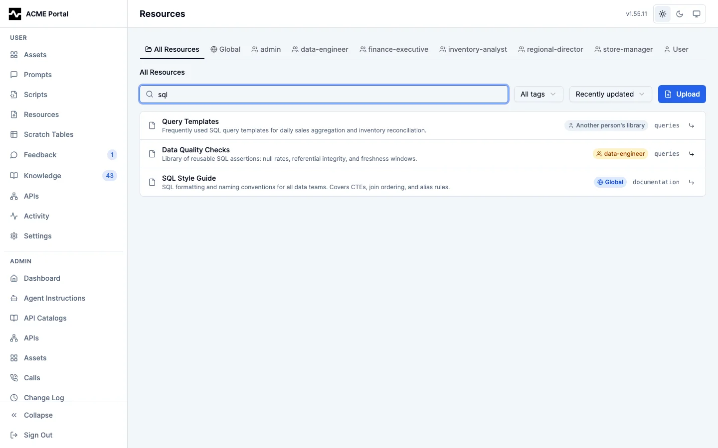 A library-wide search, each hit naming the folder it was found in