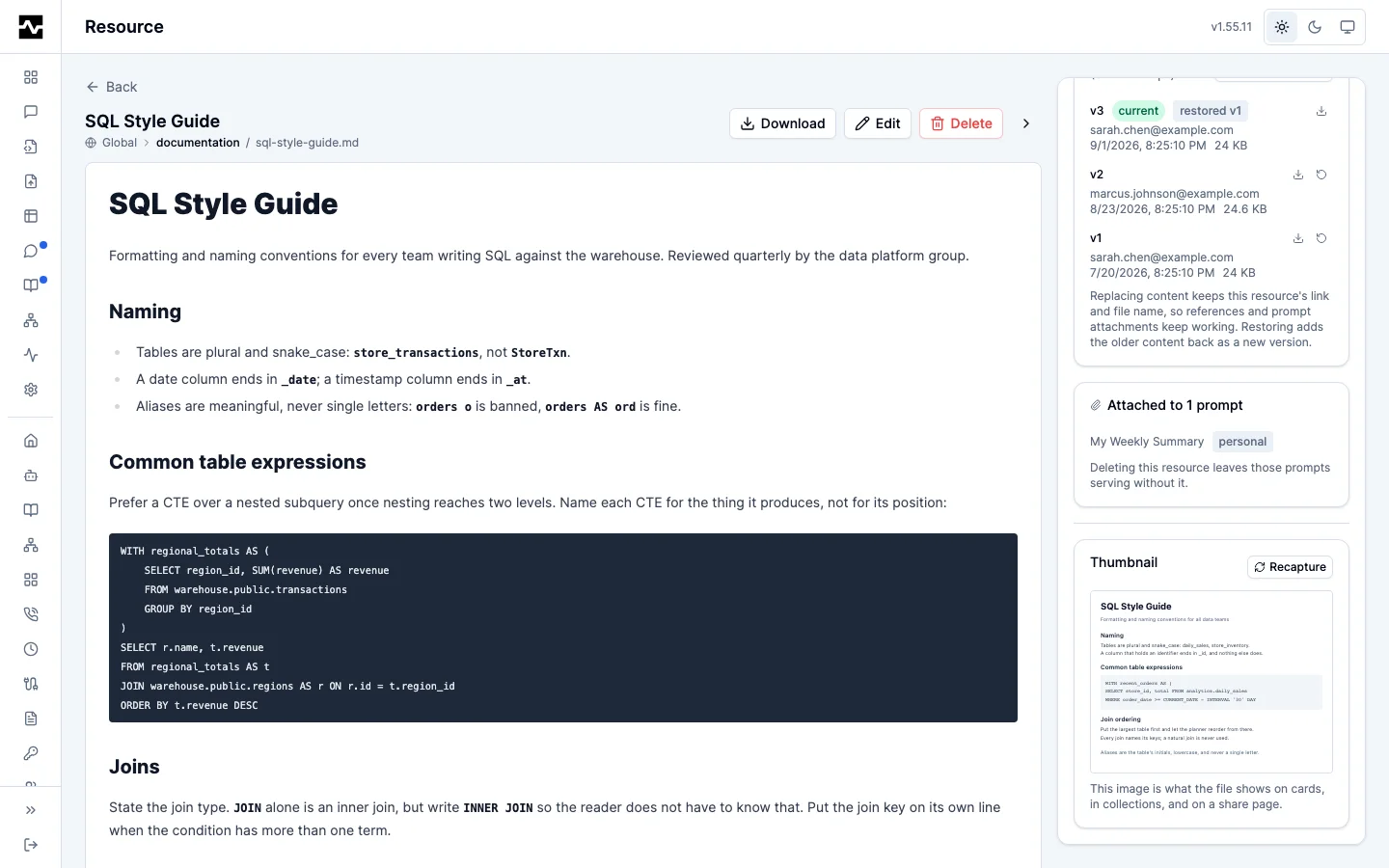 The Thumbnail panel on a resource, with its Recapture control