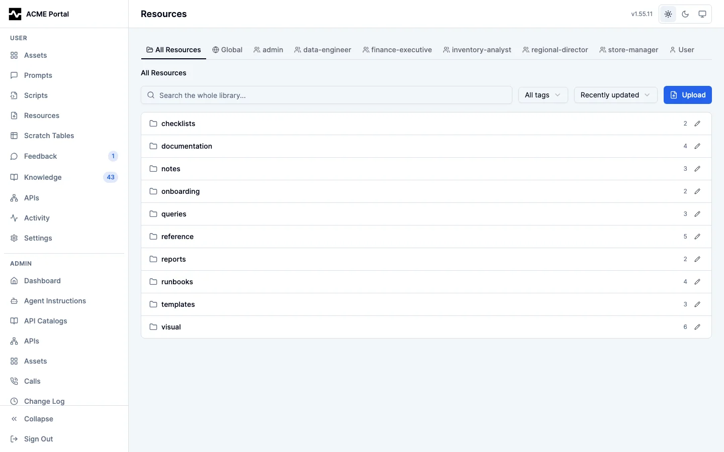 The resource library as a folder tree