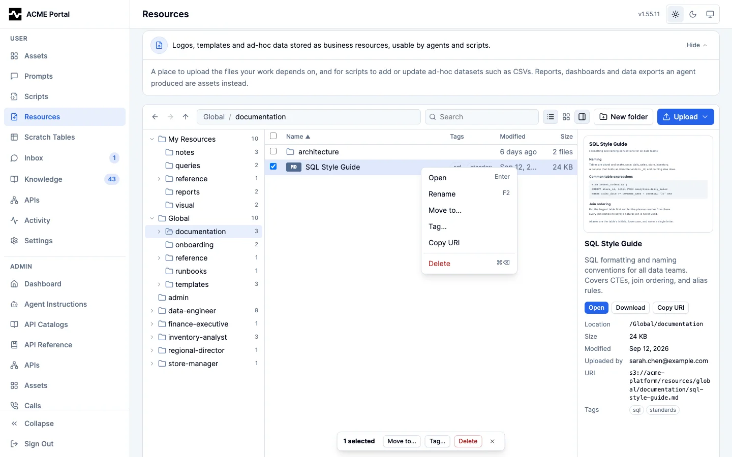 The context menu on a row