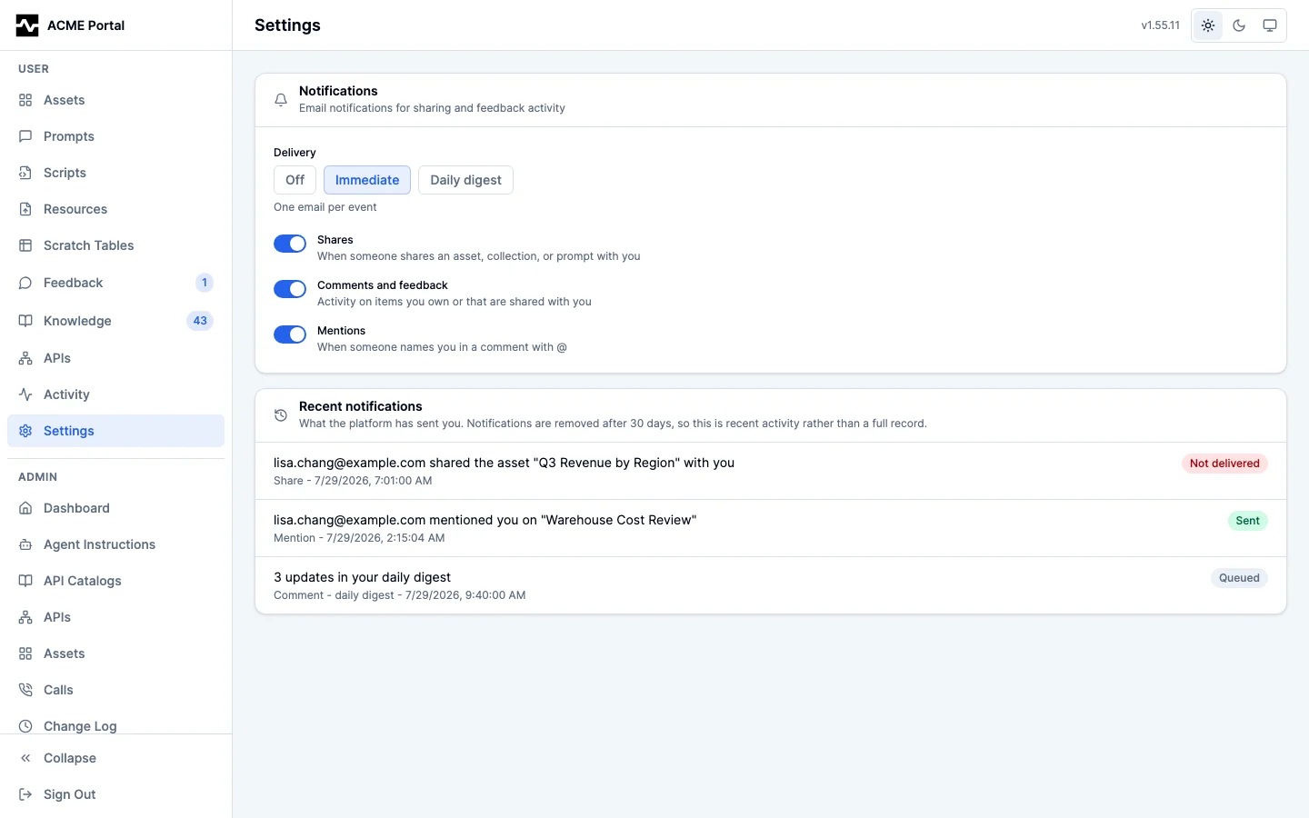 Settings: delivery mode, category toggles, and recent notifications